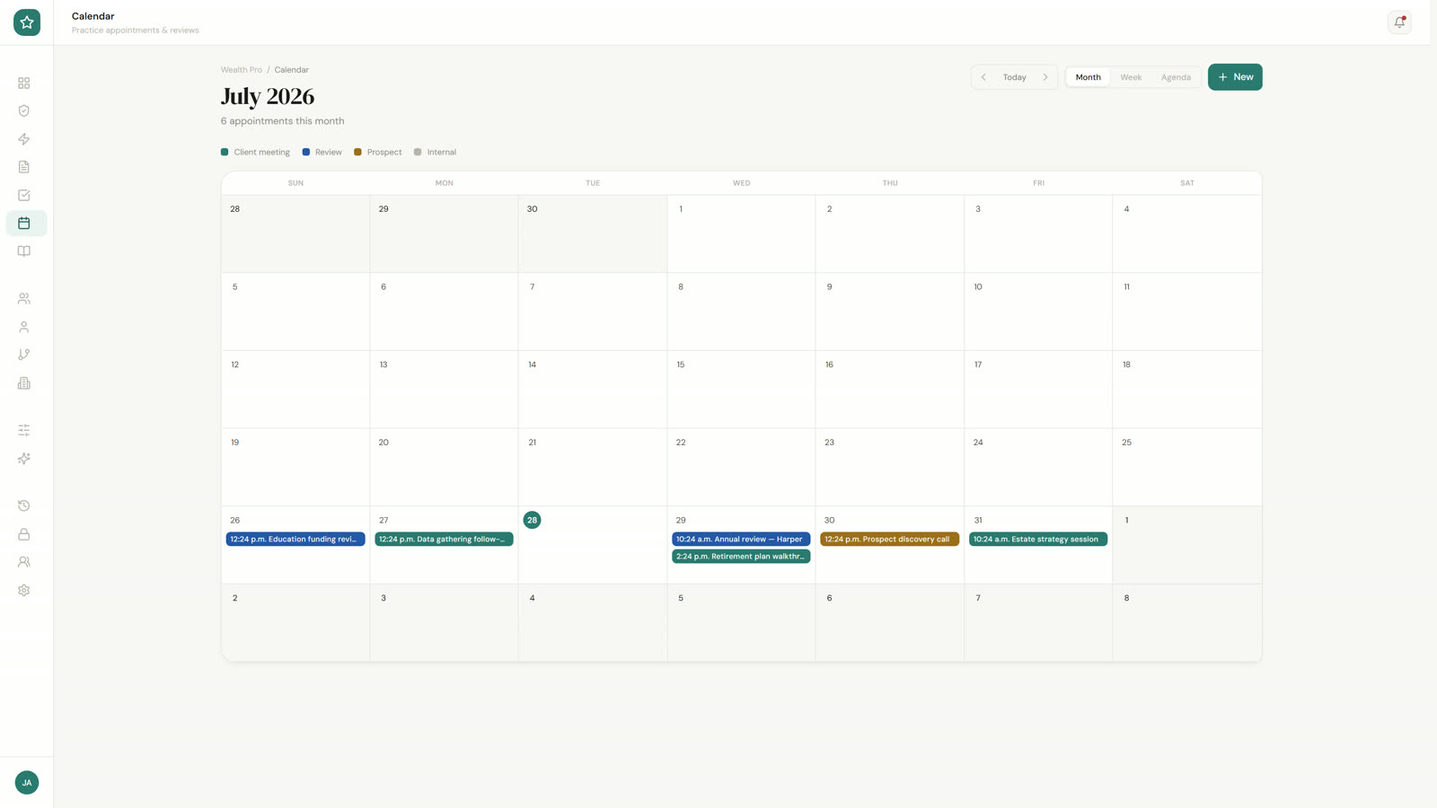Retirewise Pro practice calendar with meetings linked to households