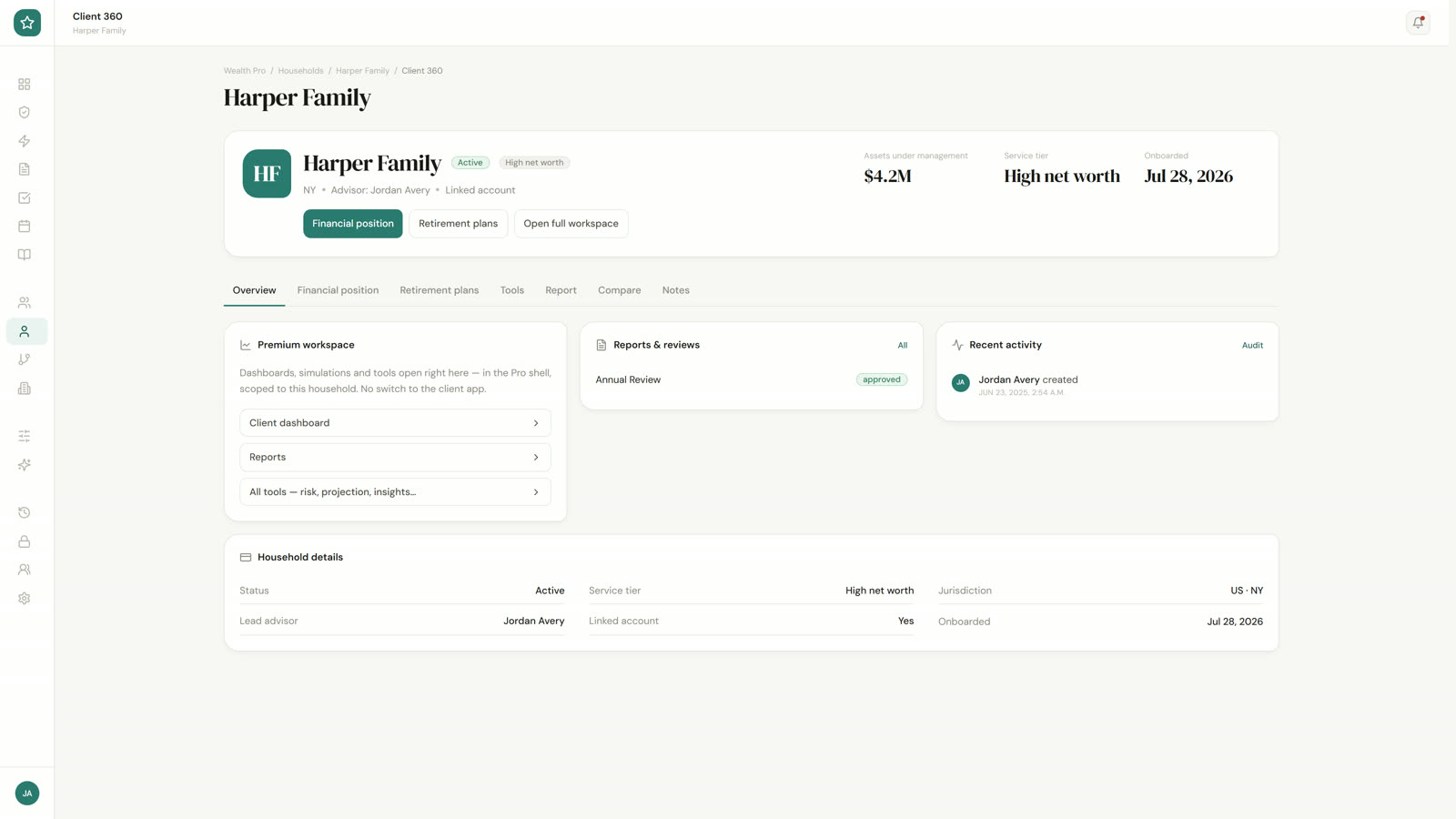 Retirewise Pro Client 360 view of a household’s full financial picture