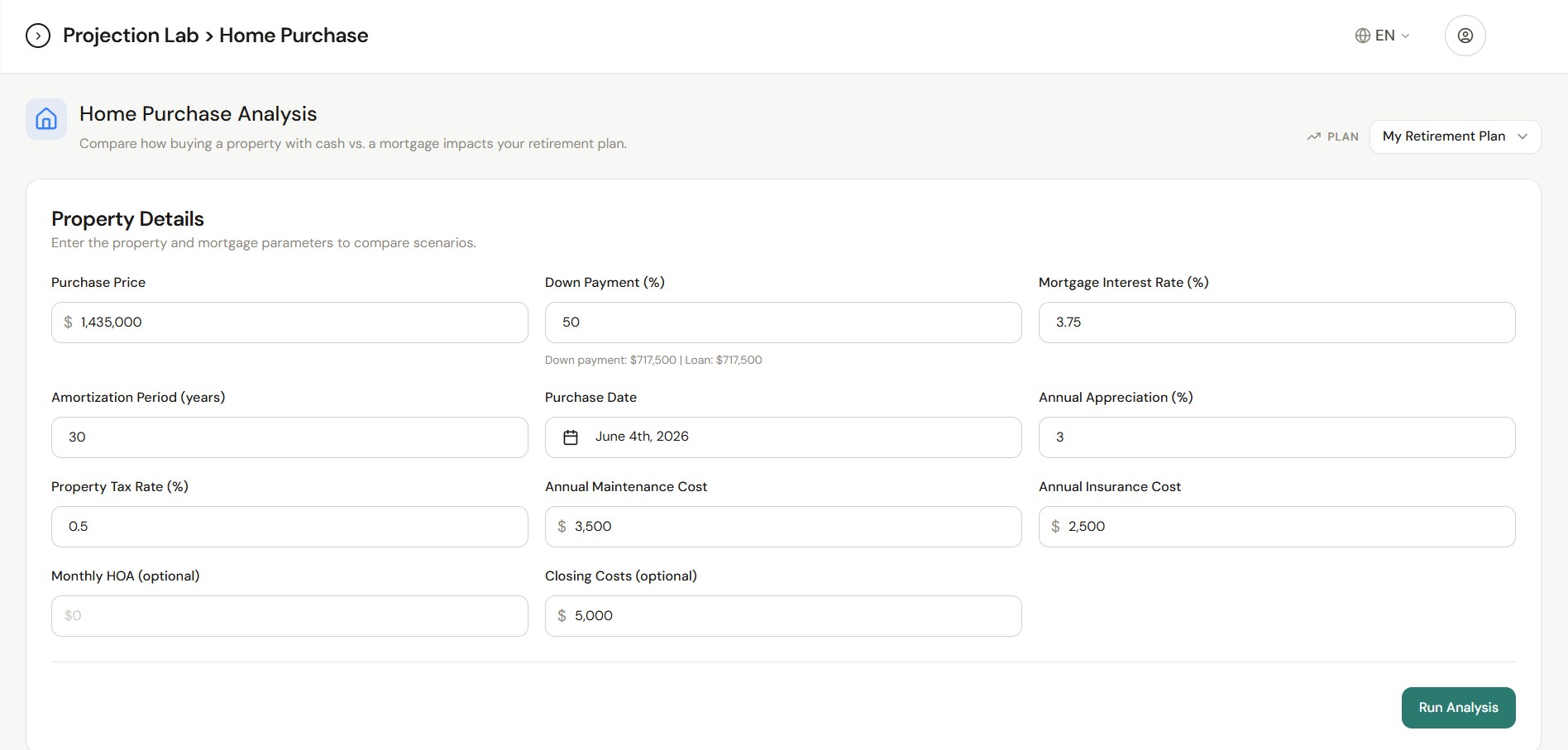 Property details & Run Analysis