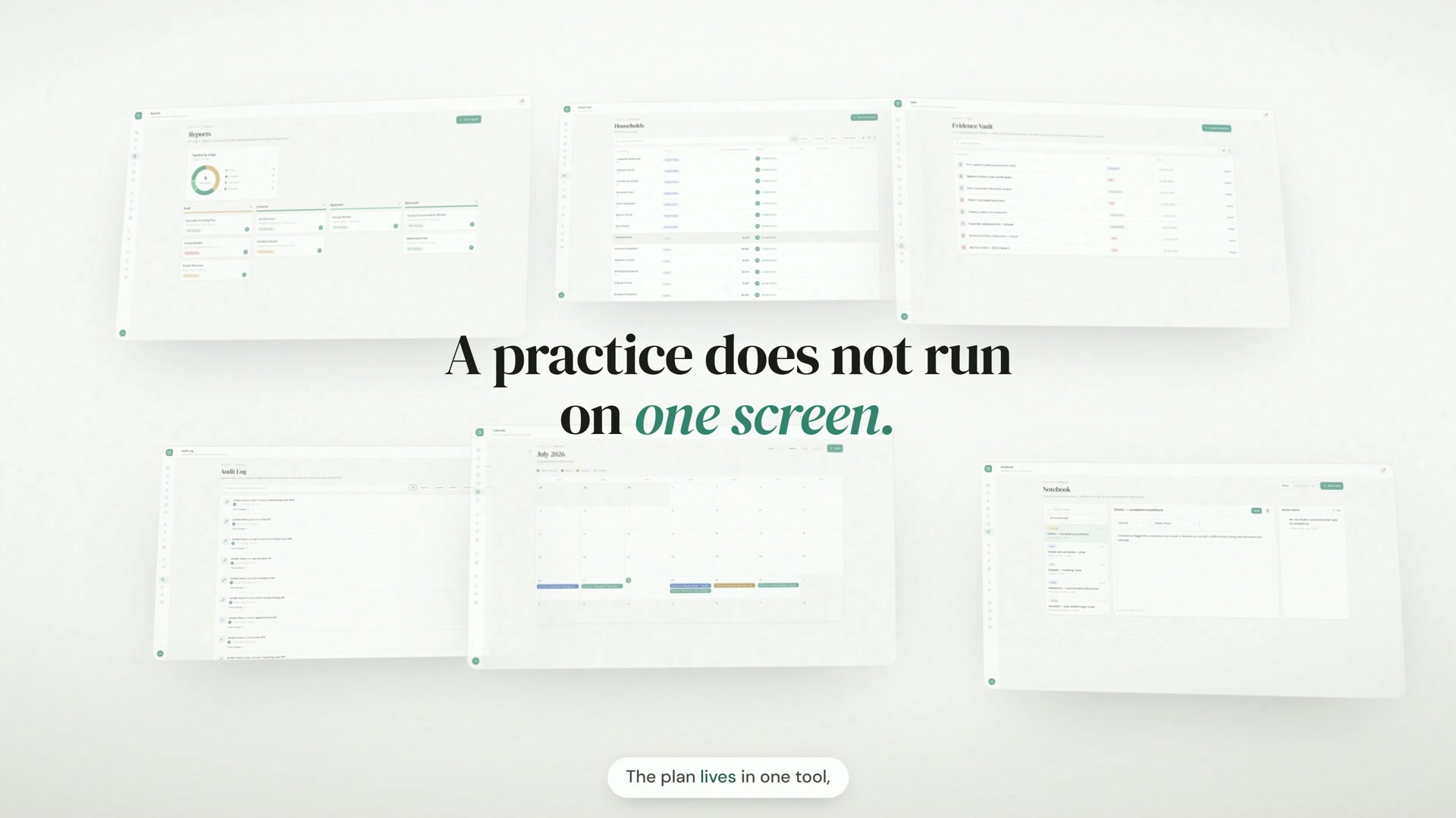 Still from the Retirewise Pro overview film: six product screens floating over the title “A practice does not run on one screen.”
